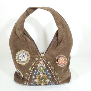 Dark Brown Suede Fuzzy Suede Leather Shoulder Handbag Hobo Boho Hippy Chic Zip